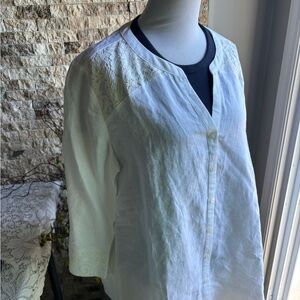 100%Linen Cream Boxy 3/4 Sleeve Blouse with Mandarin Collar
